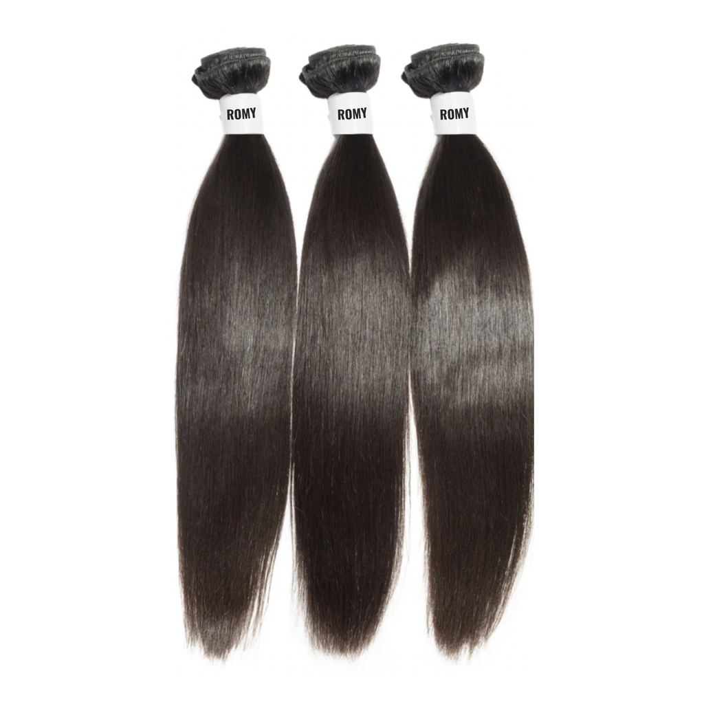 Three bundles of hair extensions with 'ROMY' branding on a white background