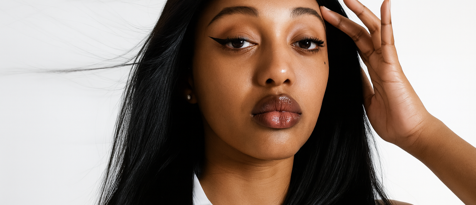 Woman with long black hair against a white background