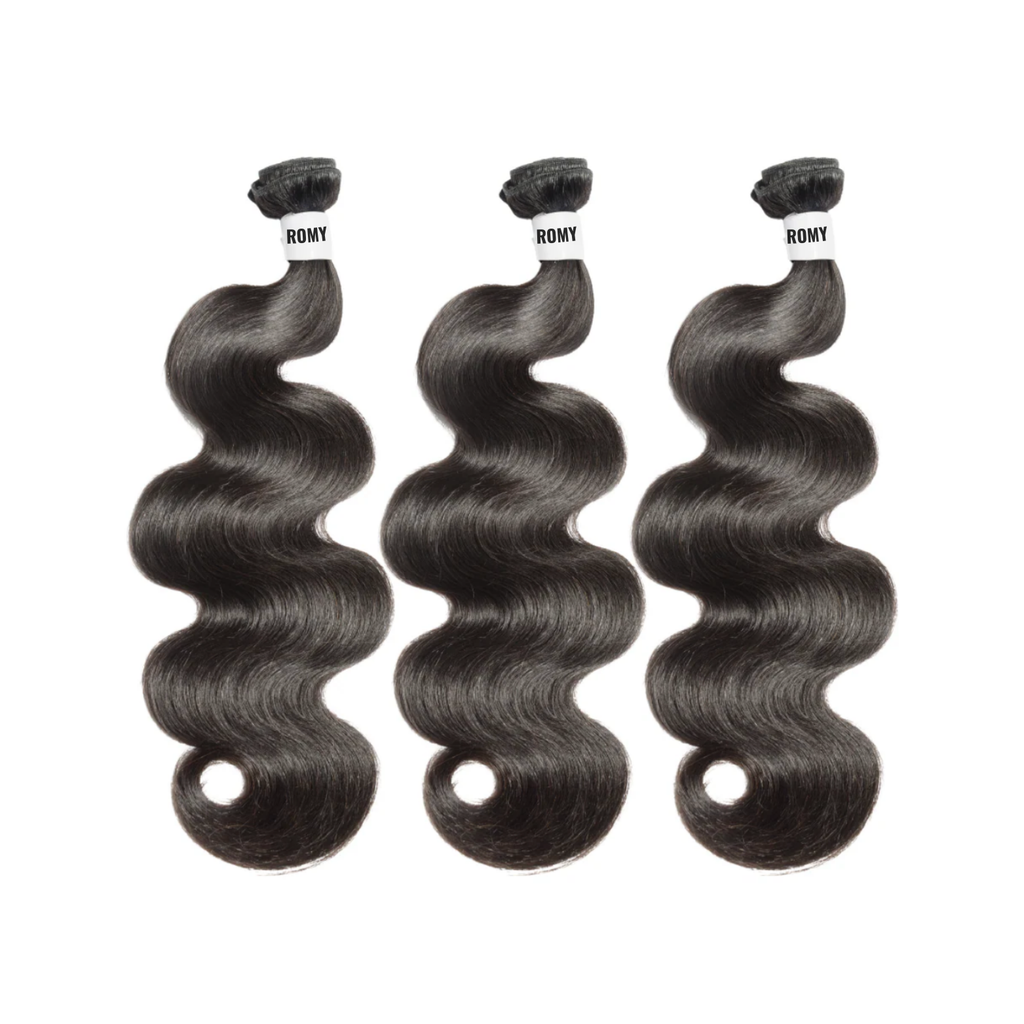 Three bundles of black hair extensions with 'ROMY' branding on a white background