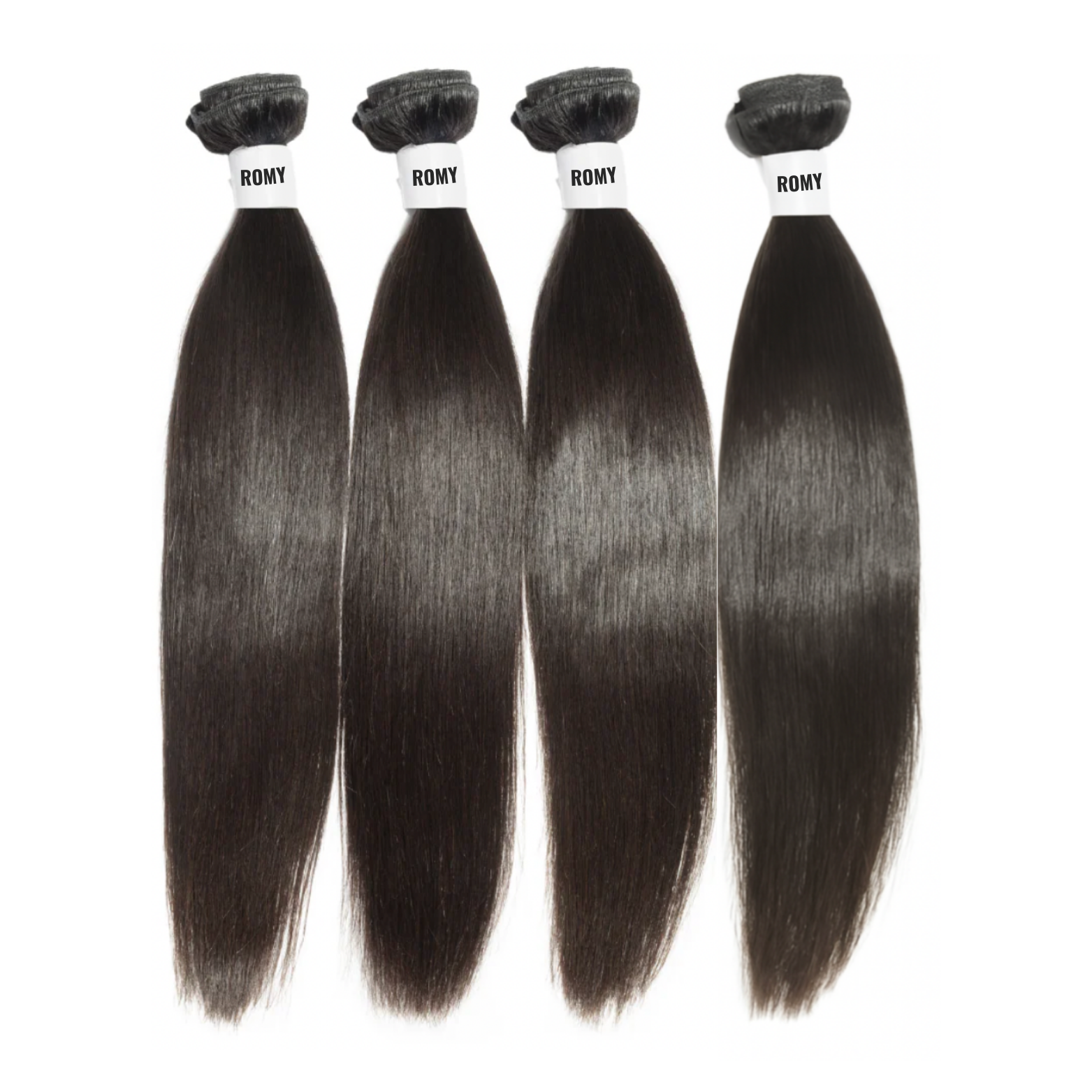 Four bundles of black hair extensions with 'ROMY' branding on white background