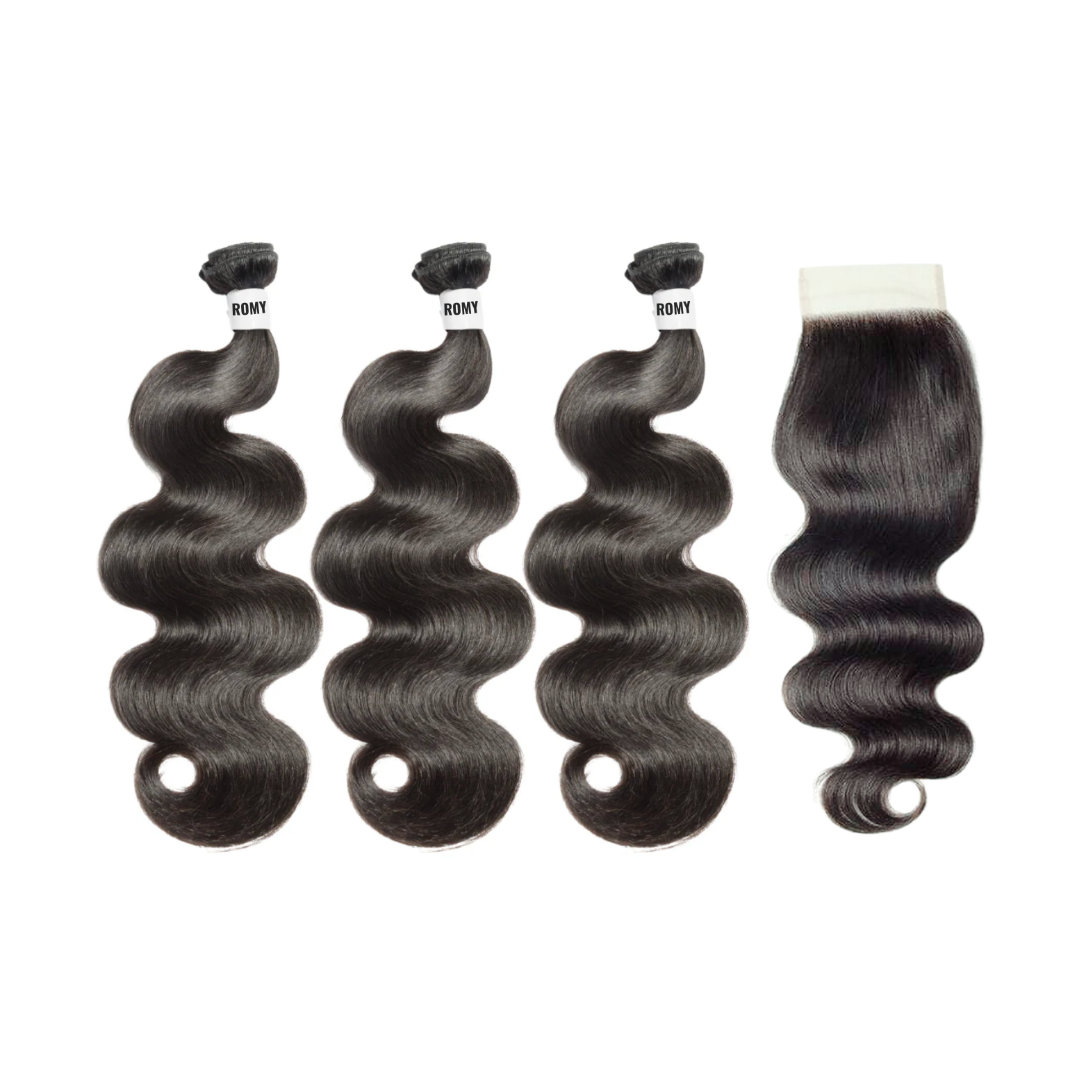 Set of four hair bundles with a closure on a white background