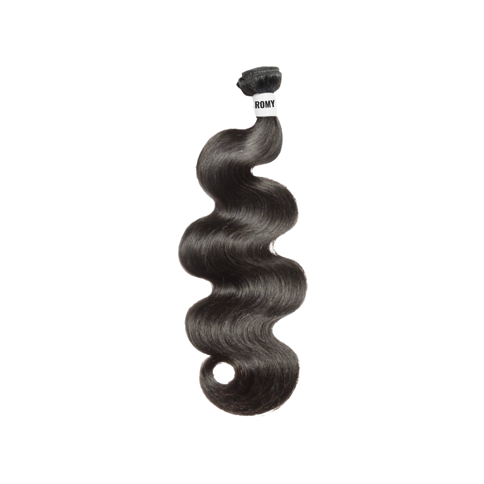 Black hair extension with 'ROMY' branding on a white background