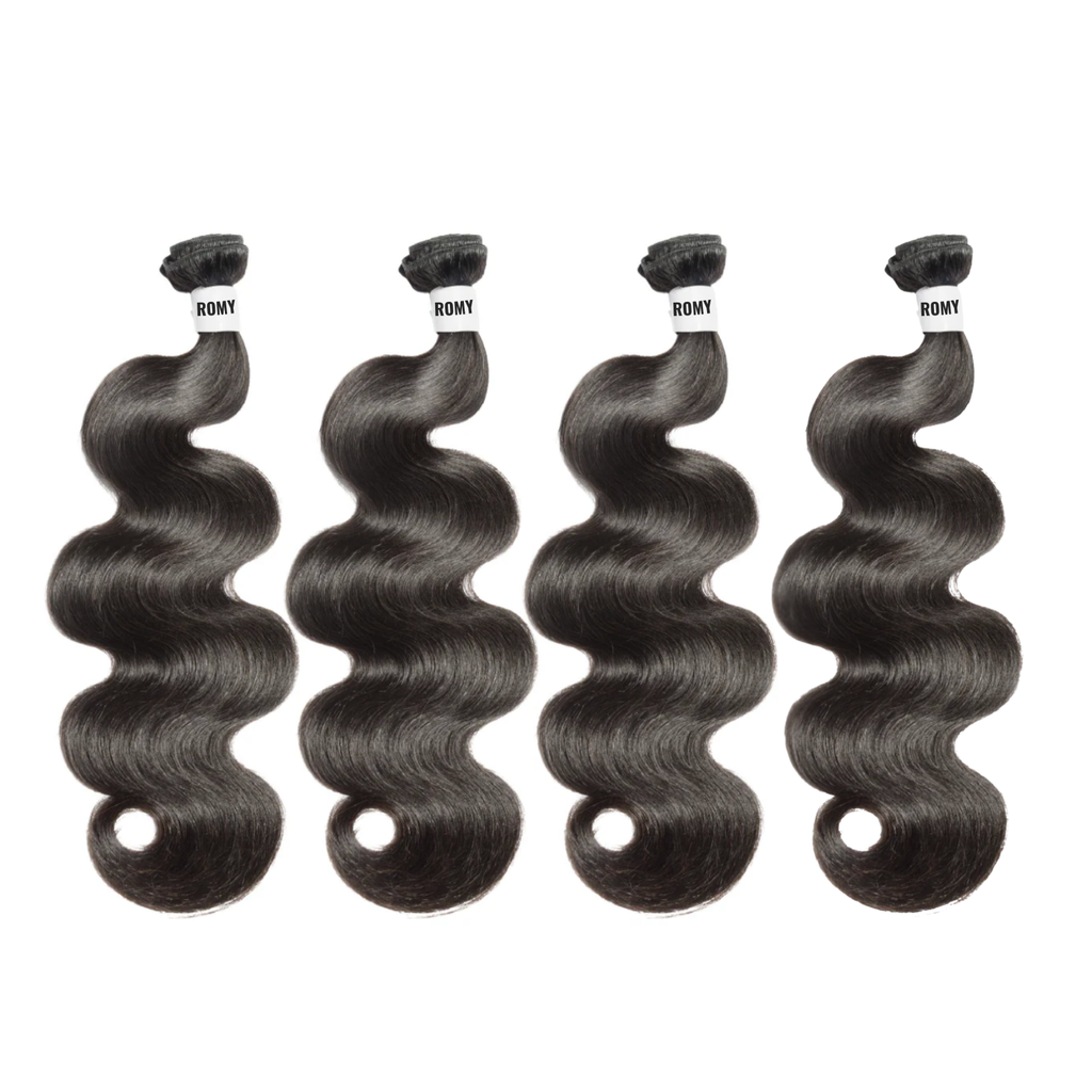 Four bundles of Rony hair extensions on a white background